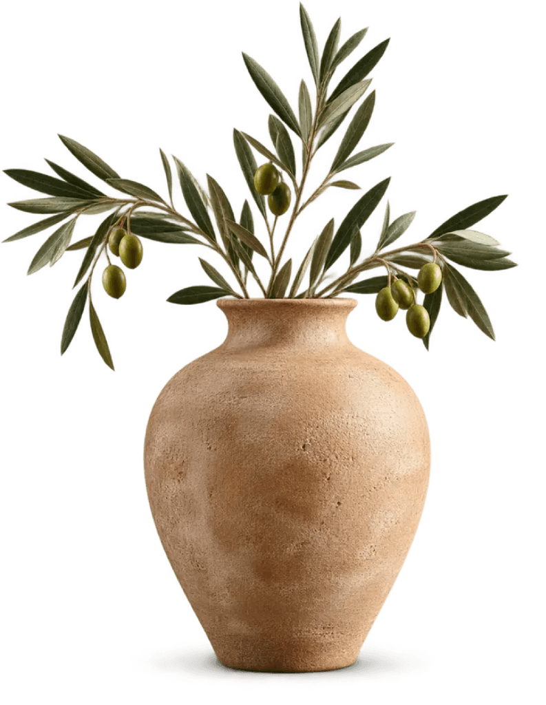 Vaso de cerâmica com ramos de oliveira