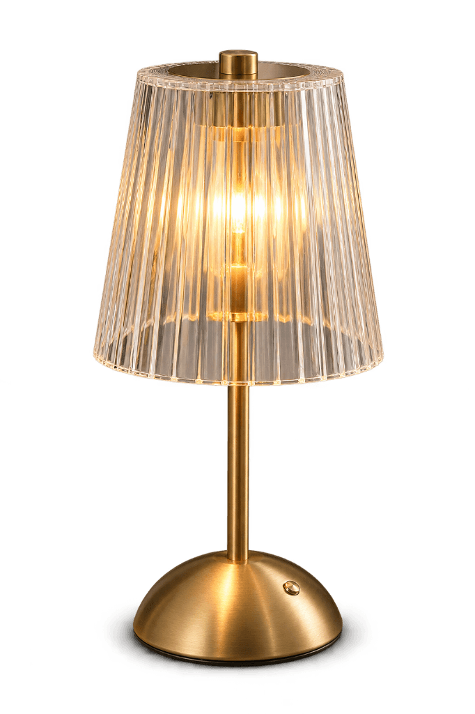 Luminária de mesa com cúpula de vidro canelado e base dourada
